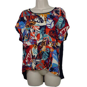 Lavish Blue Multicolor Leaf Print Top Women Size L Crisscross Back Detail